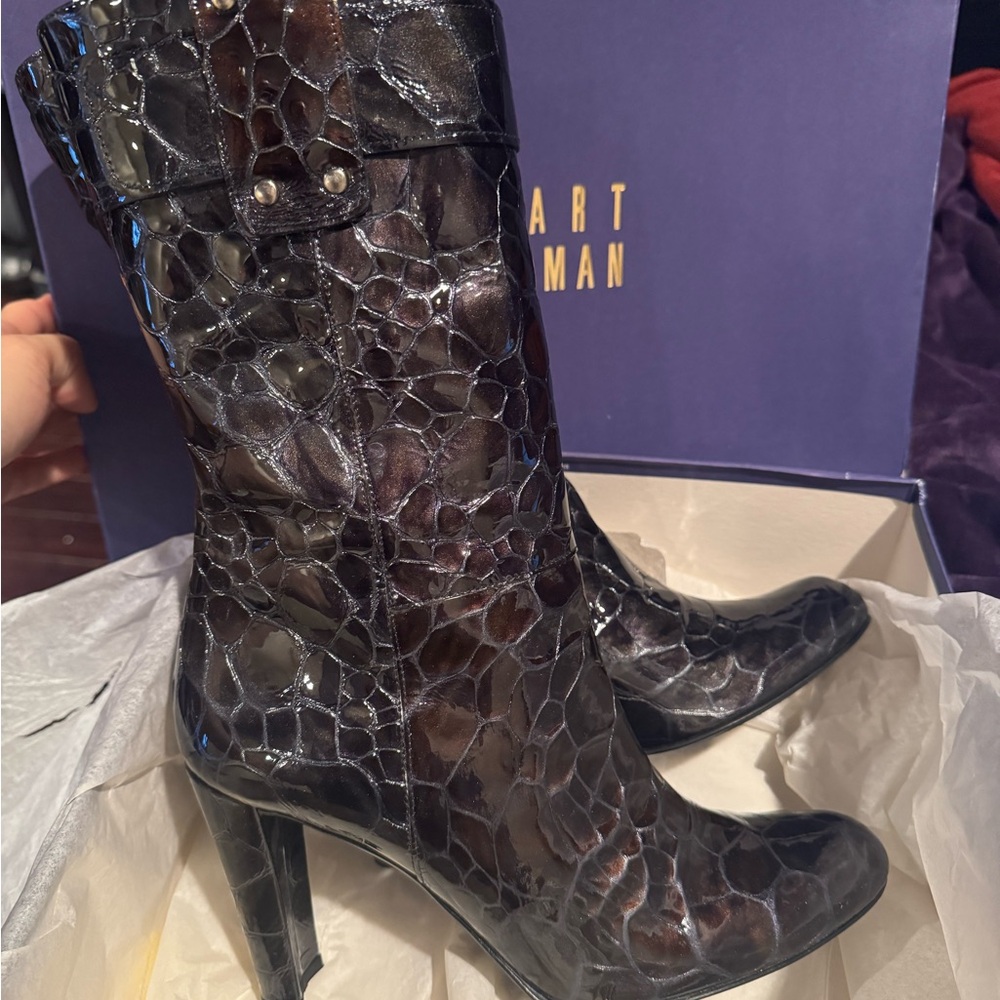 Stuart Weitzman Dark Croc-Patterned Heeled Boots